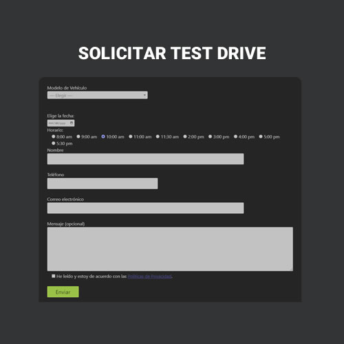 Solicitar test drive en página de dealers de vehículos. Agendar prueba de manejo.